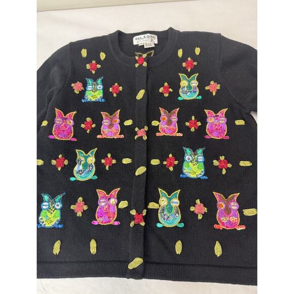 Vintage JACK B QUICK Owl Cardigan black Button Up beaded Sweater Sz S - Picture 4 of 9